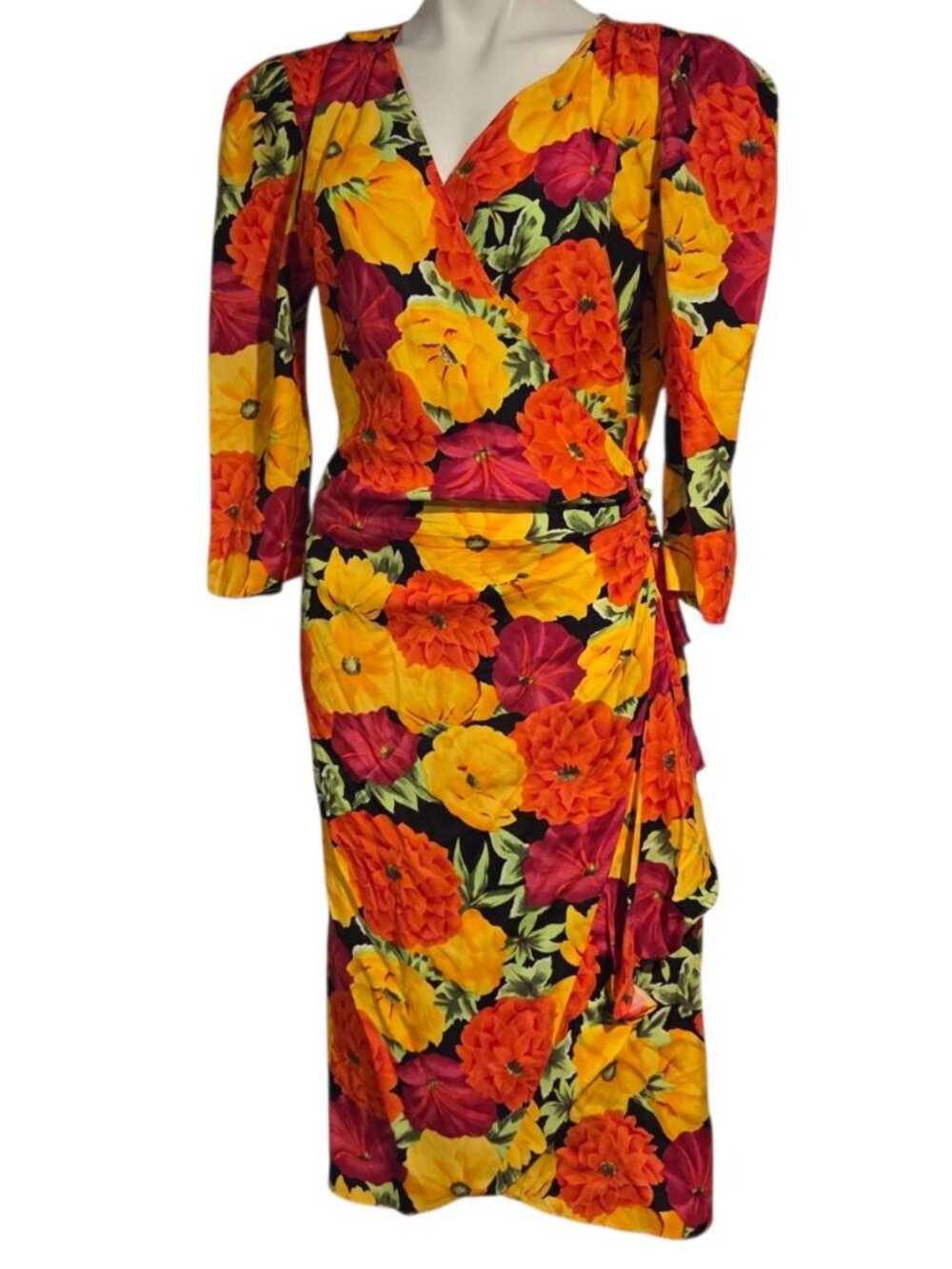 Vintage Nina Piccalino II Peplum Wrap Dress Hawaiian Tropical Fits Approx Small